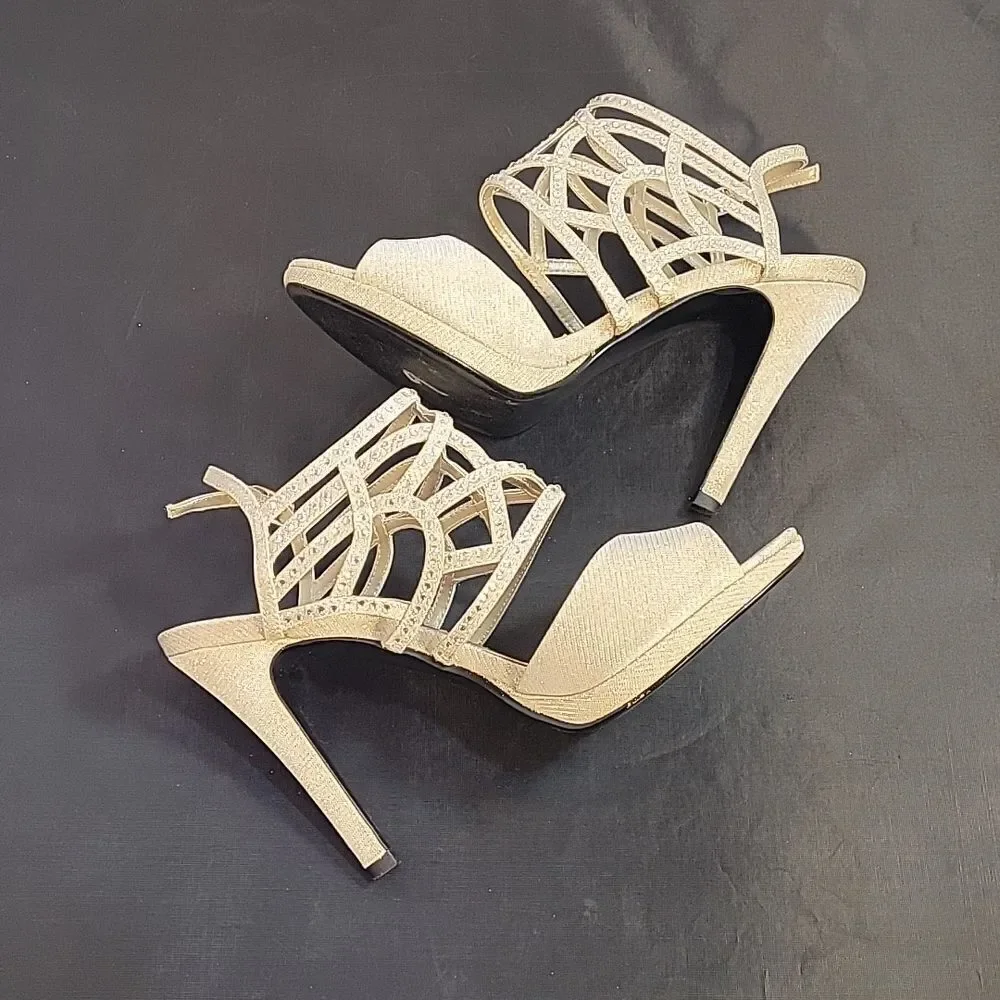 CAPARROS SILVER RHINESTONE EMBELLISHED PEEP TOE ANKLE STRAP HIGH HEEL SANDAL G1
